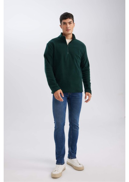 Yeşil Tüylenme Yapmayan Soğuk Geçirmez Regular Fit Dik Yaka Fermuarlı Polar Sweatshirt Y3996AZNS