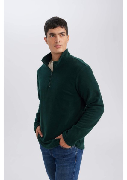 Yeşil Tüylenme Yapmayan Soğuk Geçirmez Regular Fit Dik Yaka Fermuarlı Polar Sweatshirt Y3996AZNS