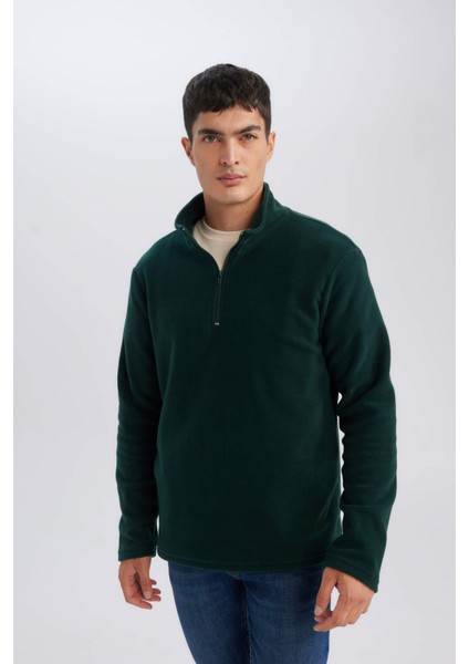 Yeşil Tüylenme Yapmayan Soğuk Geçirmez Regular Fit Dik Yaka Fermuarlı Polar Sweatshirt Y3996AZNS
