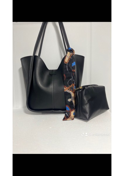 Kadın Siyah Orta Boy Makyaj Çantalı El ve Omuz Çantası