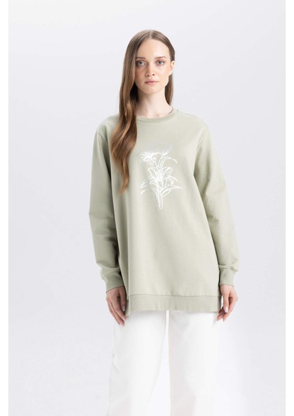 Regular Fit Bisiklet Yaka Çiçek Baskılı Sweatshirt Tunik D7574AX24WN
