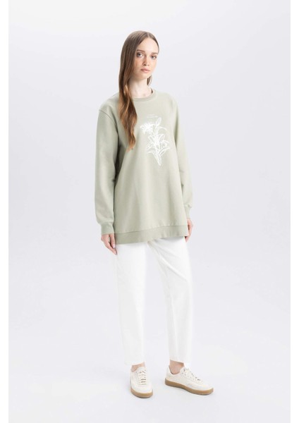 Regular Fit Bisiklet Yaka Çiçek Baskılı Sweatshirt Tunik D7574AX24WN fiyatları