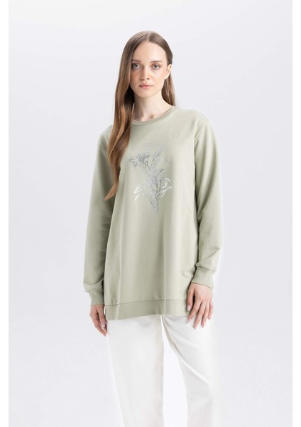 Regular Fit Bisiklet Yaka Çiçek Baskılı Sweatshirt Tunik D7574AX24WN
