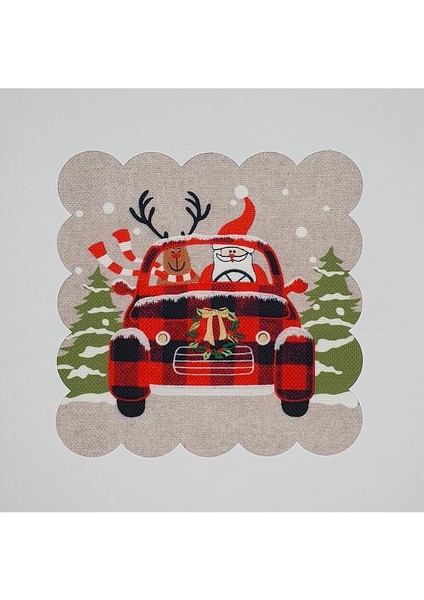 Yılbaşı Arabası Noel Baba Geyik Desenli Dijital Baskılı Lazer Kesim Kokteyl Peçetesi