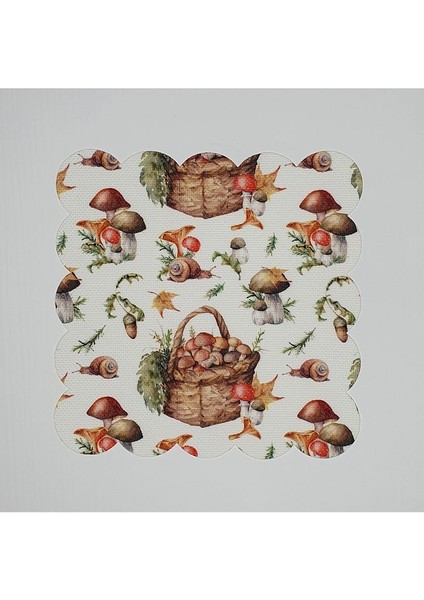 Sulu Boya Sonbahar Piknik Sepeti ve Mantar Desenli Dijital Baskılı Lazer Kesim Kokteyl Peçetesi