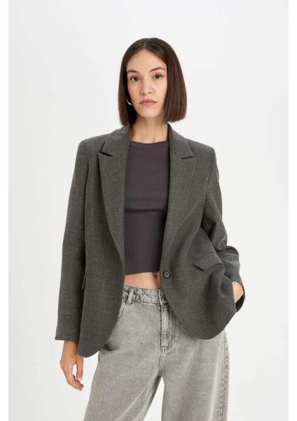 Oversize Geniş Kalıp Ceket Yaka Düğmeli Basic Düz Blazer Ceket D5869AX24AU modelleri