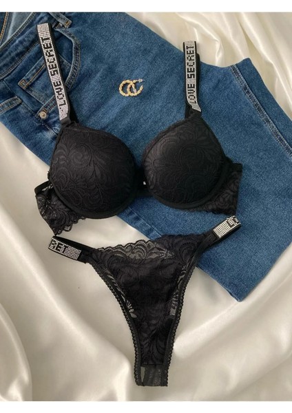 Dantelli Taşlı Balenli Destekli Sütyen Takım