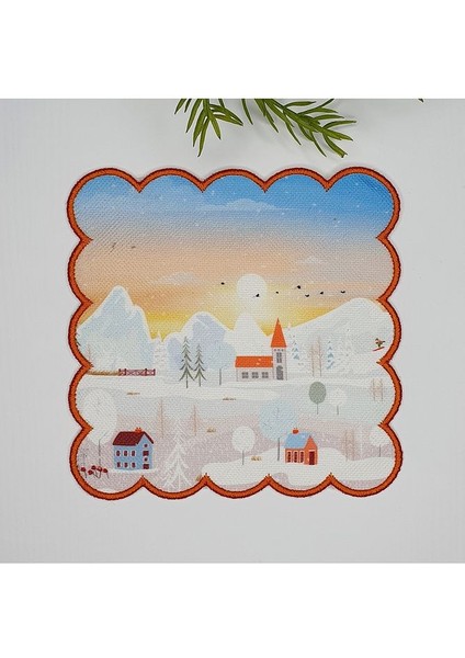 Sulu Boya Yılbaşı Sabahı Harika Manzara Desenli Dijital Baskılı Nakışlı Kokteyl Peçetesi