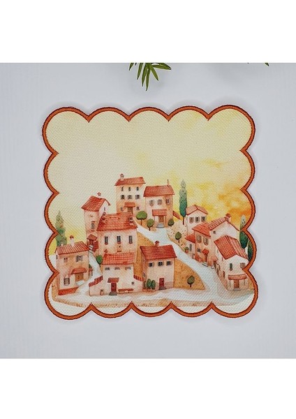 Tatlı Sonbahar Kasabası Desenli Dijital Baskılı Nakışlı Kokteyl Peçetesi