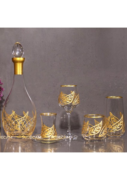 61 Parça 12 Kişilik Yaprak Kristal Kesme Gold Cam Su Bardak Takımı,Meşrubat Bardağı Seti