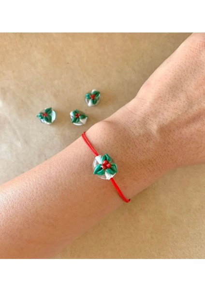 Cam Murano Yılbaşı Kokina Çiçeği Kırmızı Ip Bileklik