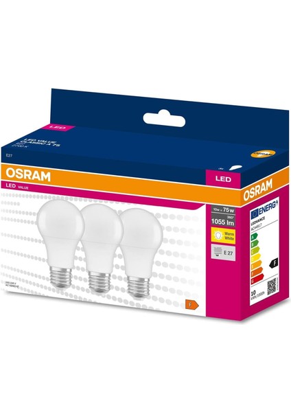 Led Value 10W Sarı Işık E-27 1055lm Ampul 3 lü Paket