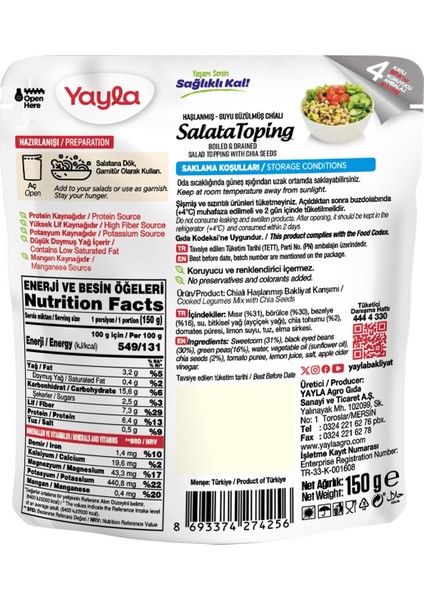 Haşlanmış Suyu Süzülmüş Chialı Salata Toping 150 gr