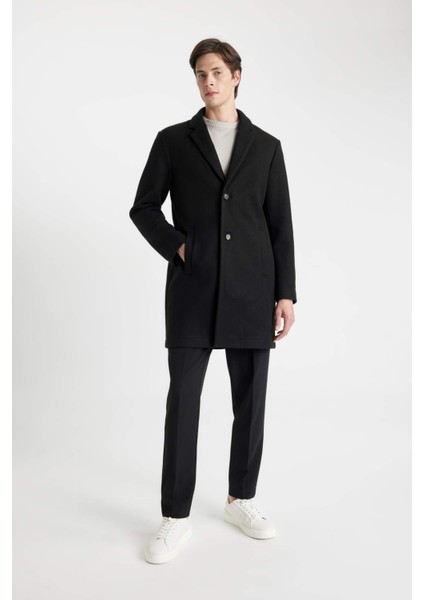 Siyah Relax Fit Düğmeli Cepli Uzun Kaşe Kaban Y8903AZ24AU fiyatları