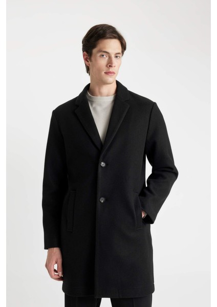 Siyah Relax Fit Düğmeli Cepli Uzun Kaşe Kaban Y8903AZ24AU modelleri