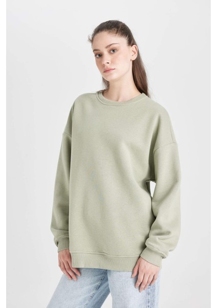 Oversize Geniş Kalıp Bisiklet Yaka Kalın Basic Düz Sweatshirt Y1346AZ24WN