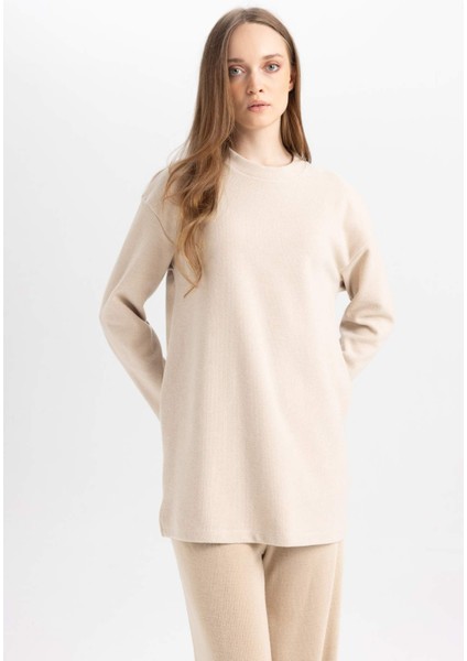 Regular Fit Bisiklet Yaka Selanik Kumaş Uzun Kollu Basic Düz Tişört Tunik B3552AX24AU