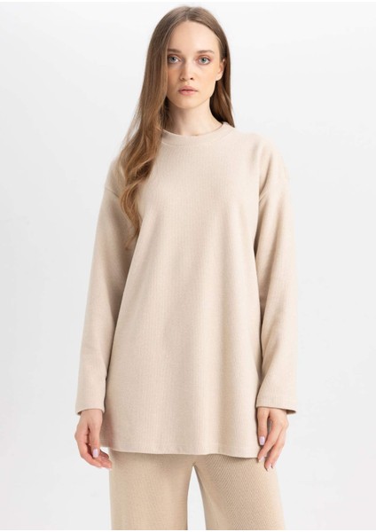 Regular Fit Bisiklet Yaka Selanik Kumaş Uzun Kollu Basic Düz Tişört Tunik B3552AX24AU modelleri