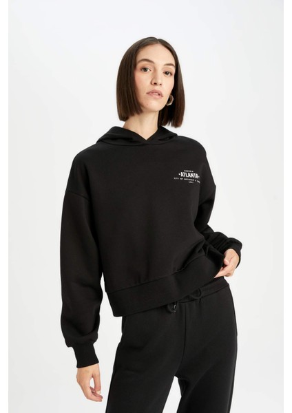 Boxy Fit Kapüşonlu Baskılı Kalın Siyah Sweatshirt D6717AX24WN