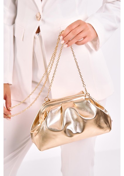 Gold Kadın Metalik Deri Clutch Abiye Çanta