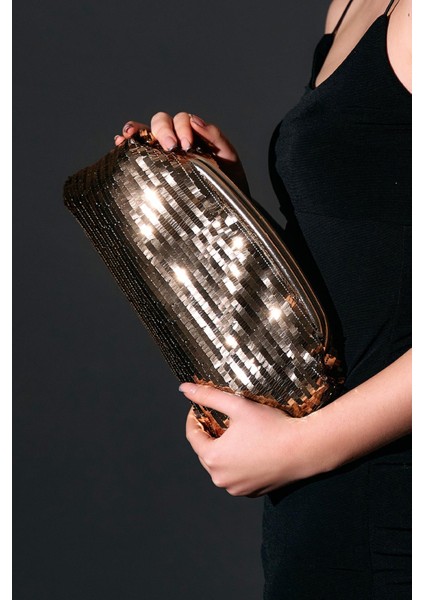 Gold Payetli Clutch Abiye Çanta