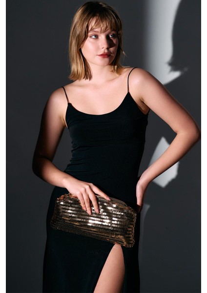 Gold Payetli Clutch Abiye Çanta