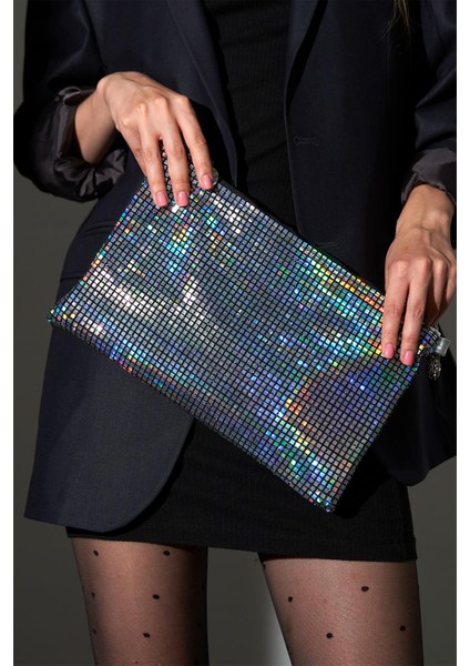 Gümüş Hologram Pul Payet Detaylı Iki Şekilli Clutch Abiye Çanta