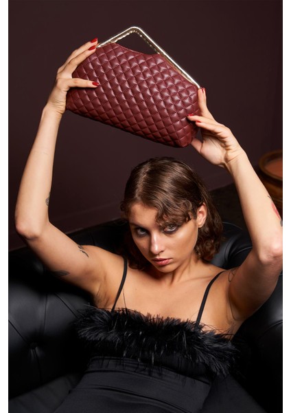 Bordo Kapitone Clutch Portföy Çanta