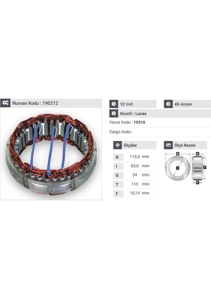 12V ALTERNATÖR STATÖR LUCAS TİPİ 45 A (3 UÇLU)  ACR 17/18