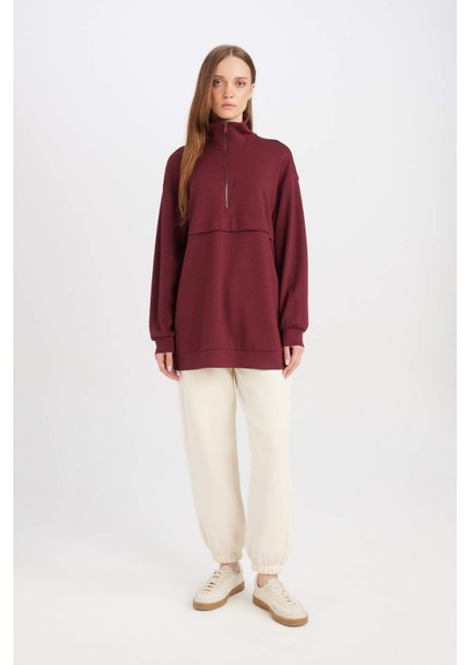 Yarım Fermuarlı Dik Yaka Basic Düz Sweatshirt Tunik D1615AX24AU