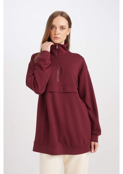 Yarım Fermuarlı Dik Yaka Basic Düz Sweatshirt Tunik D1615AX24AU