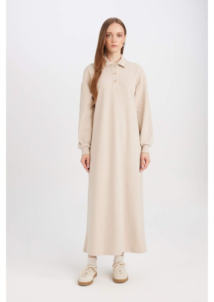 Basic Düz Düğmeli Uzun Kollu Selanik Kumaş Maxi Triko Elbise B7260AX24WN