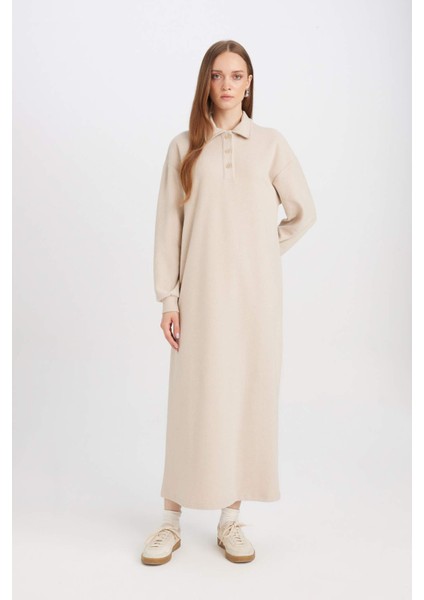Basic Düz Düğmeli Uzun Kollu Selanik Kumaş Maxi Triko Elbise B7260AX24WN
