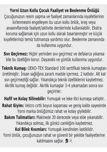 7-11 Yaş, Zoo, Sıvı Geçirmez, Ekstra Büyük Kalıp, Makinede Yıkanabilir, Uzun Kollu Çocuk, Aktivite Mama Önlüğü