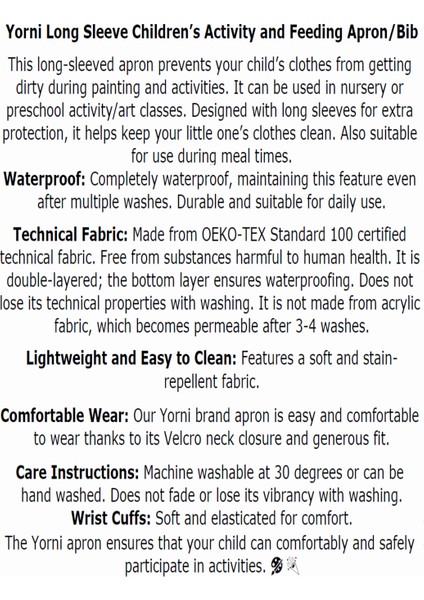 7-11 Yaş, Zoo, Sıvı Geçirmez, Ekstra Büyük Kalıp, Makinede Yıkanabilir, Uzun Kollu Çocuk, Aktivite Mama Önlüğü