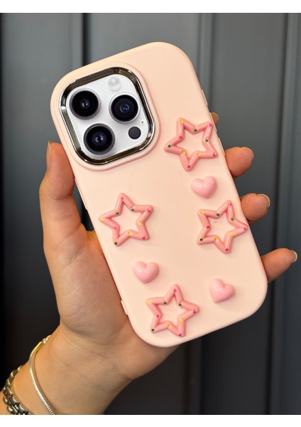 iPhone 15 Pro Uyumlu Darbe Emici Yapılı 3D Pembe Yıldızlar Karakterli Koruyucu Lüx Kılıf