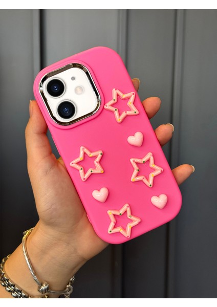 iPhone 12 ve 12 Pro Uyumlu Darbe Emici Yapılı 3D Pembe Yıldızlar Karakterli Koruyucu Kılıf