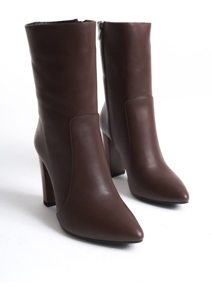 Mubiano Hakiki Deri Collection Kadın Fermuarlı Sivri Burun Topuklu Kısa Bot Kahverengi - MCALM23151 - KH fiyatları