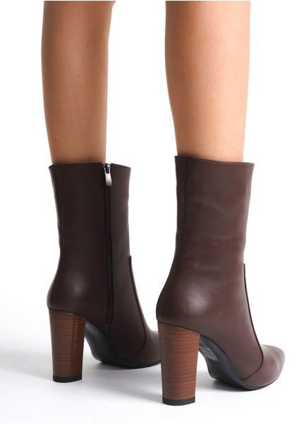 Mubiano Hakiki Deri Collection Kadın Fermuarlı Sivri Burun Topuklu Kısa Bot Kahverengi - MCALM23151 - KH modelleri