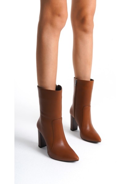 Mubiano Hakiki Deri Collection Kadın Fermuarlı Sivri Burun Topuklu Kısa Bot Taba - MCALM23151 - TB modelleri