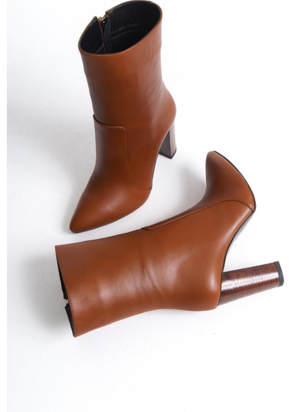 Mubiano Hakiki Deri Collection Kadın Fermuarlı Sivri Burun Topuklu Kısa Bot Taba - MCALM23151 - TB indirimleri