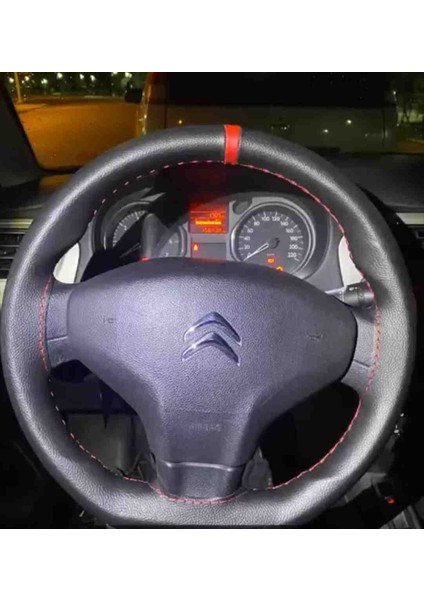 Direksiyon Kılıfı Siyah Deri Kırmızı Yüzük Kırmızı Dikişli Cıtroen Elysee Için