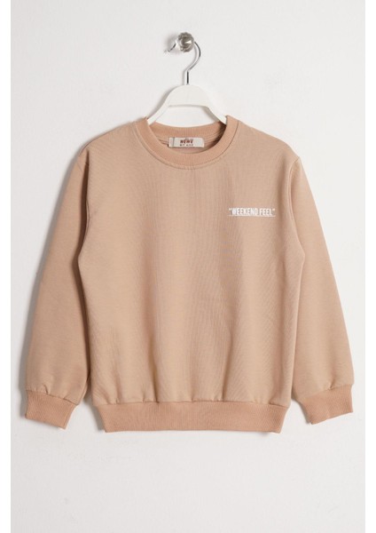 Bisiklet Yaka Uzun Kol Weekend Feel Baskılı Vizon Renk Erkek Çocuk Sweatshirt