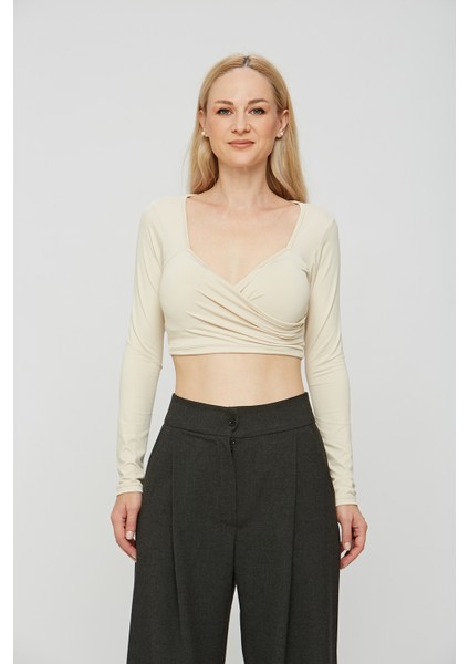 Kruvaze Yaka Uzun Kollu Vücuda Oturan Kadın Crop Bluz Body fiyatları