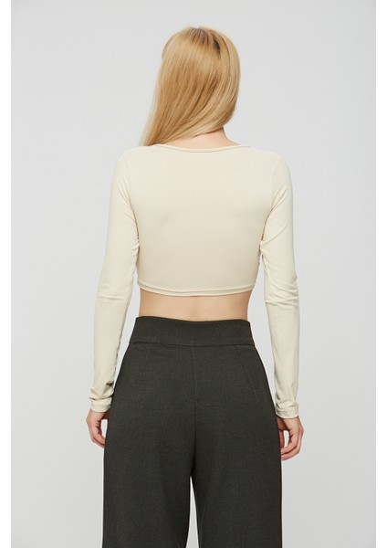 Kruvaze Yaka Uzun Kollu Vücuda Oturan Kadın Crop Bluz Body modelleri