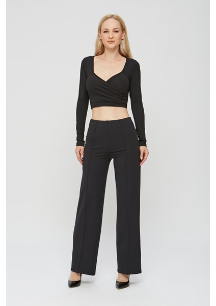 Kruvaze Yaka Uzun Kollu Vücuda Oturan Kadın Crop Bluz Body