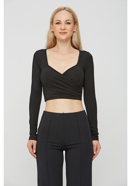 Kruvaze Yaka Uzun Kollu Vücuda Oturan Kadın Crop Bluz Body fiyatları