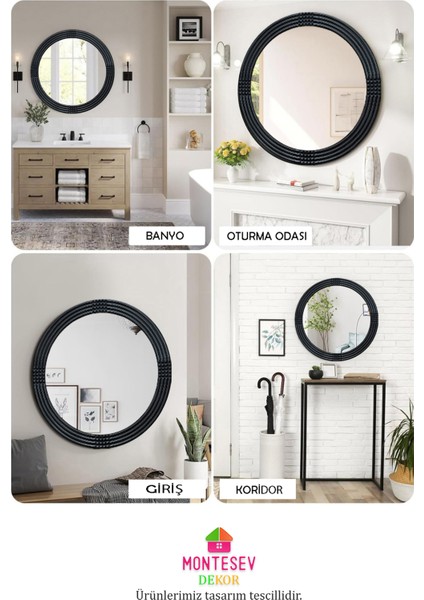 Safir Siyah Dekoratif Ayna Yuvarlak Ayna Işlemeli Ahşap Duvar Aynası Tekli Banyo Aynası modelleri