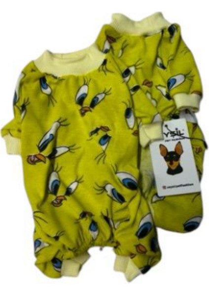 Tweety-Sarı Kedi Köpek Kıyafeti Penye Pijama