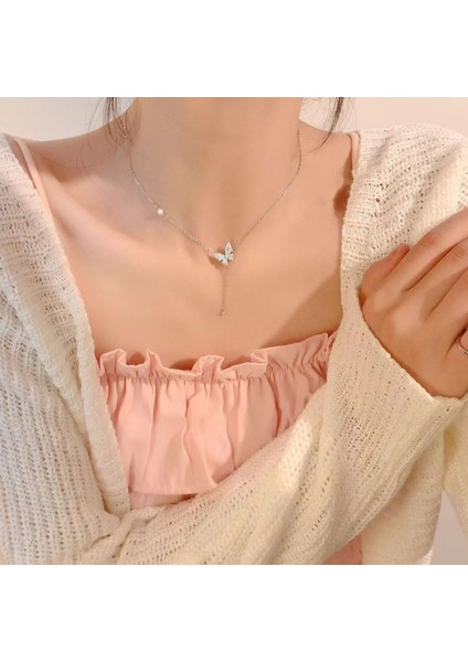 High-End Hafif Lüks Titanyum Çelik Kolye Kadın Niş Tasarımı Sıcak Kız Inci Köprücük Kemiği Zinciri Moda Çok Yönlü Aksesuar (Yurt Dışından)